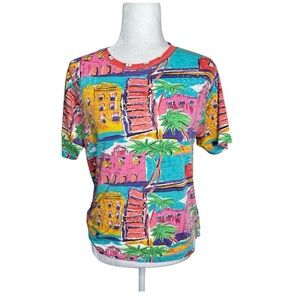 Vintage 80s/90s City Beach Holiday Print Short Sleeve Top size small